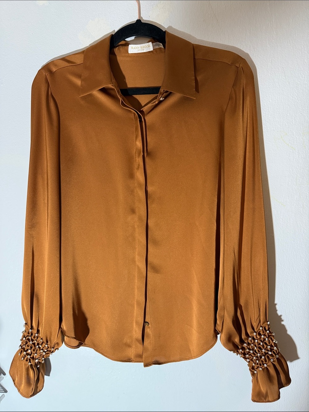Ramy Brook Copper-Brown Satin Button-Front Blouse Small